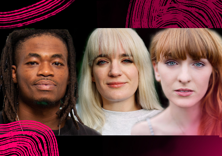 Performers Tobi Balogun, Louise Burton, Ali Clarke. They are all looking to camera with intensity. Around them are bright pink swirls and wavy lines.