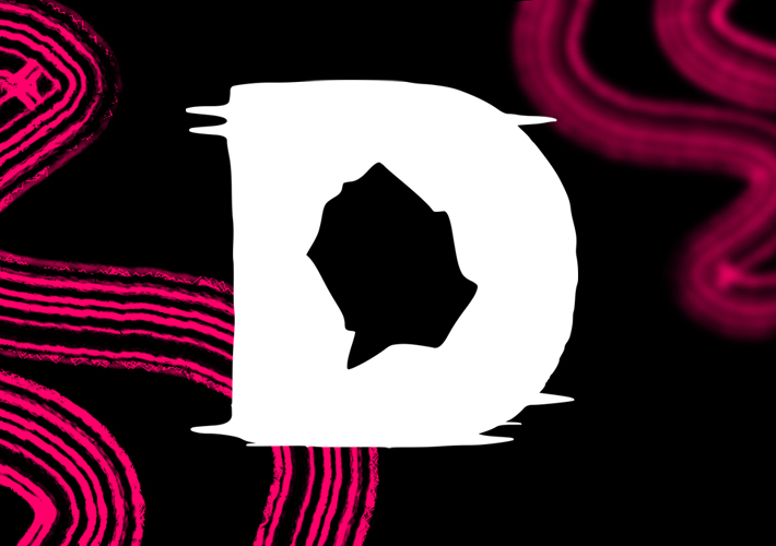 Banner for the Disrupt Disability Arts Festival. The festival logo, a large ‘D’, sits in the middle of a black background. On the left of the image are wavy pink lines in bright cerise. On the left are blurred lines of the same colour giving the impression of motion.